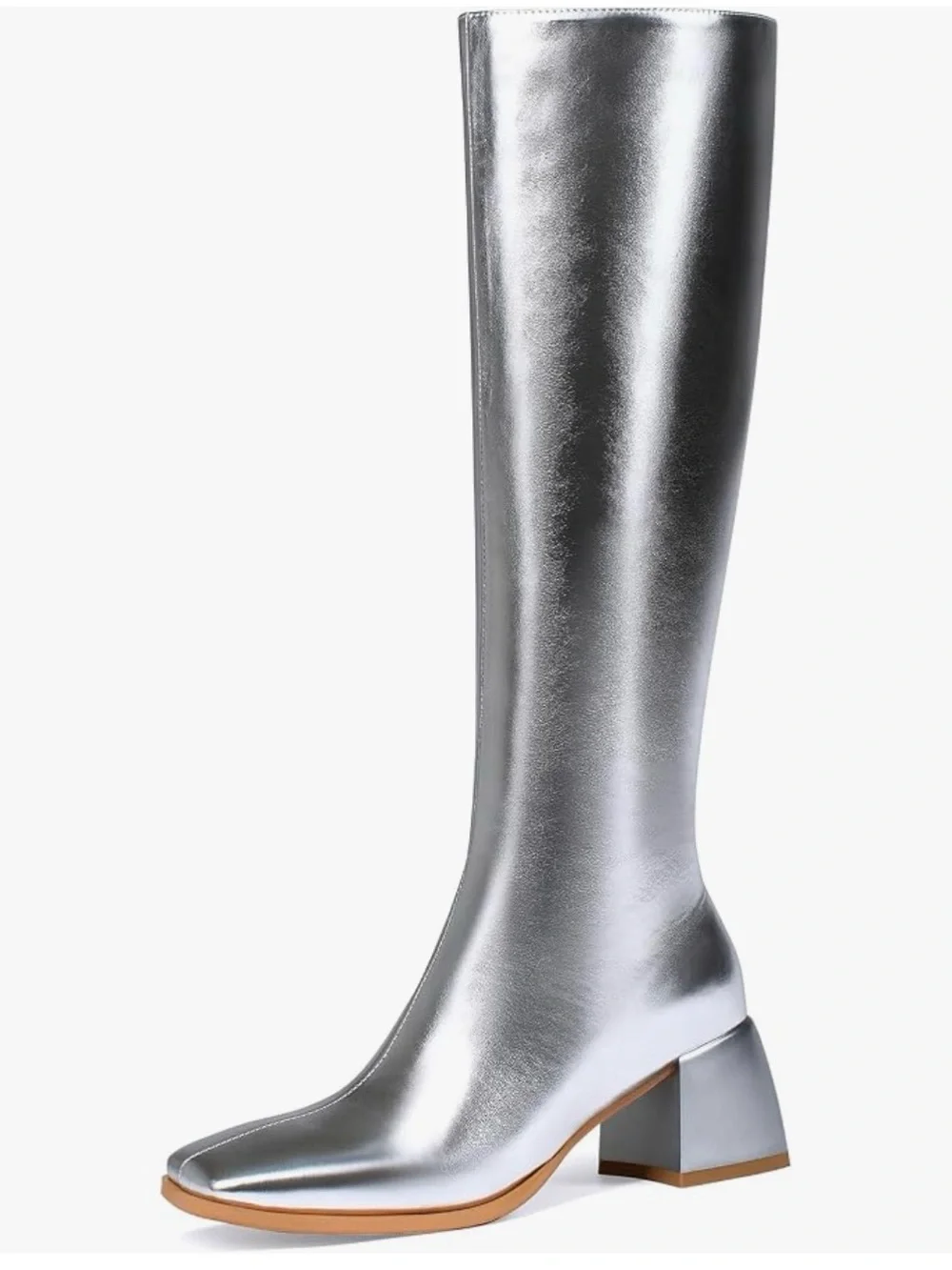 Silver Metallic Knee-High Block Heel Boots